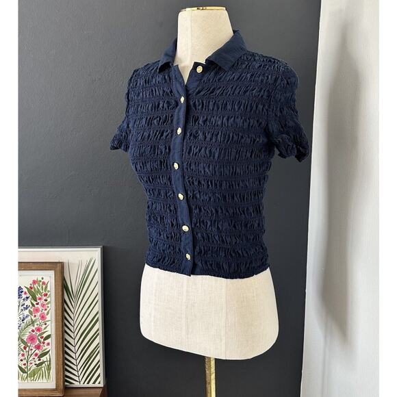 J.CREW Smocked Button-up Shirt Short Sleeve - Picture 3 of 8